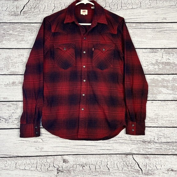 Levi's Red/Black Pearl Snap Down  Long Sleeve Western Cut Flannel Size Small - Picture 1 of 9